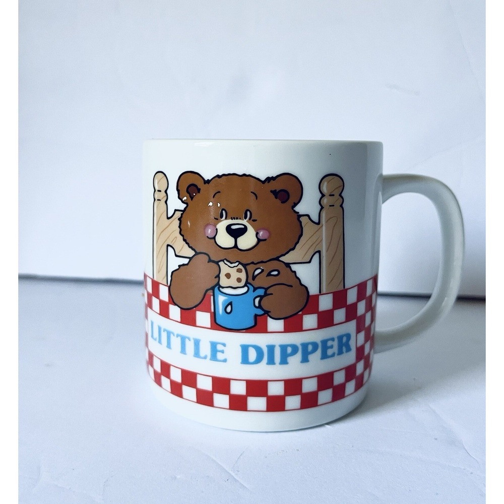 VTG Little Dipper Kids Cup Mug Bear Red & White Check Dipping Cookies in Milk